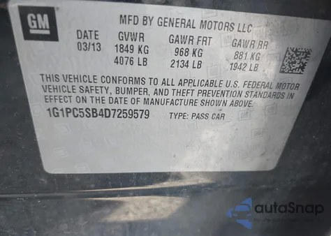 2013 Chevrolet Cruze 1Lt Auto from USA, damaged, VIN 1G1PC5SB4D7259579